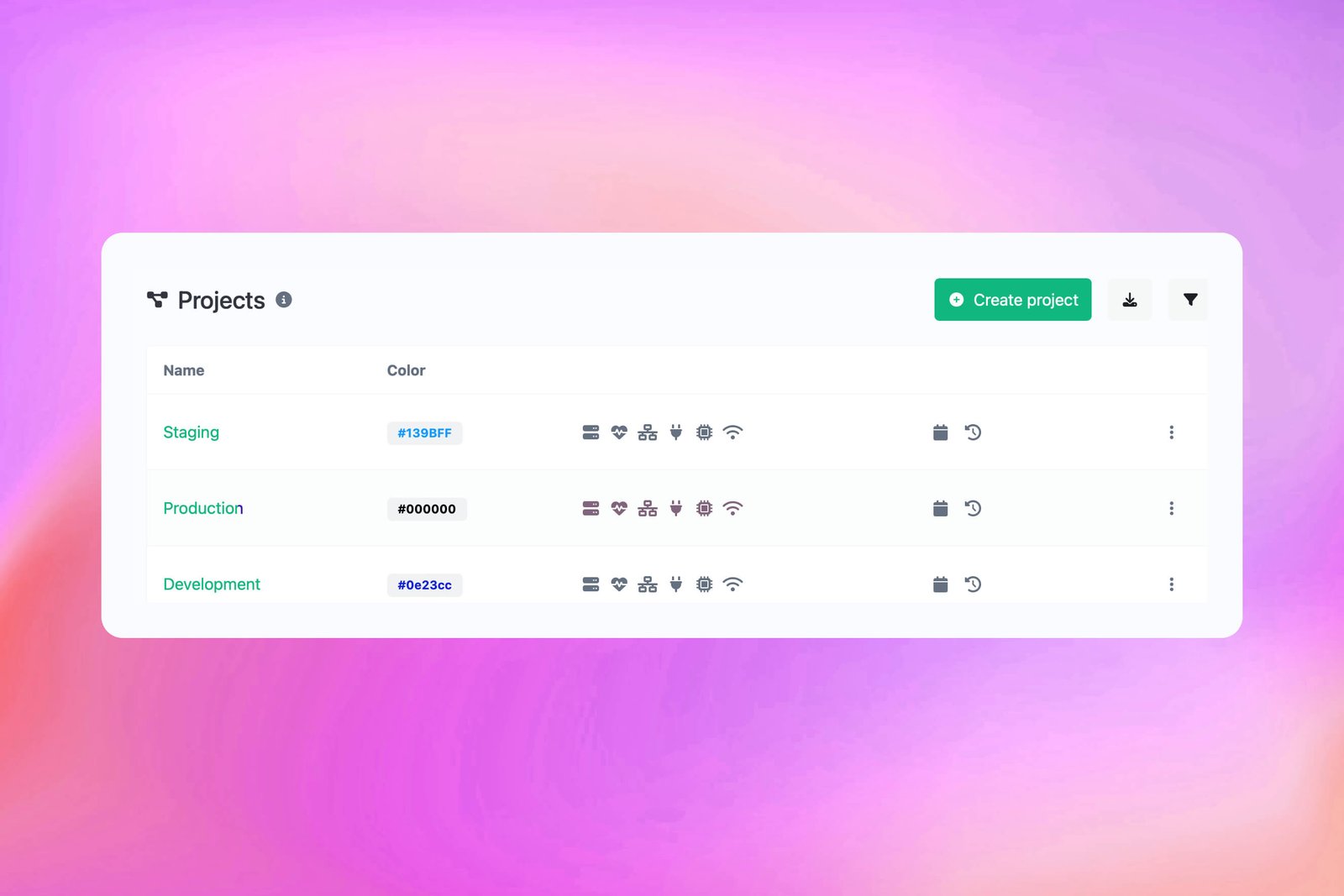 Capture d'écran de la page des fonctionnalités des projets de l'application
